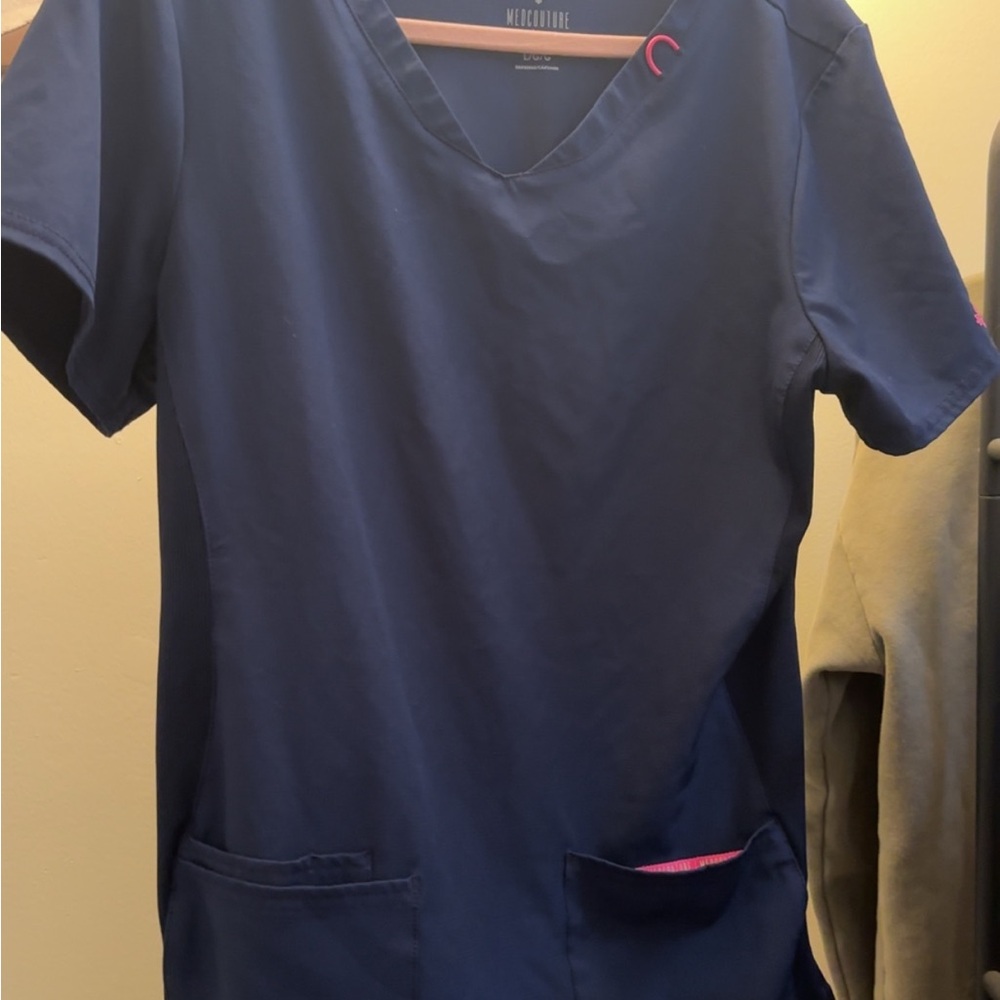 Med Couture Navy Scrub Top with Pink Trim